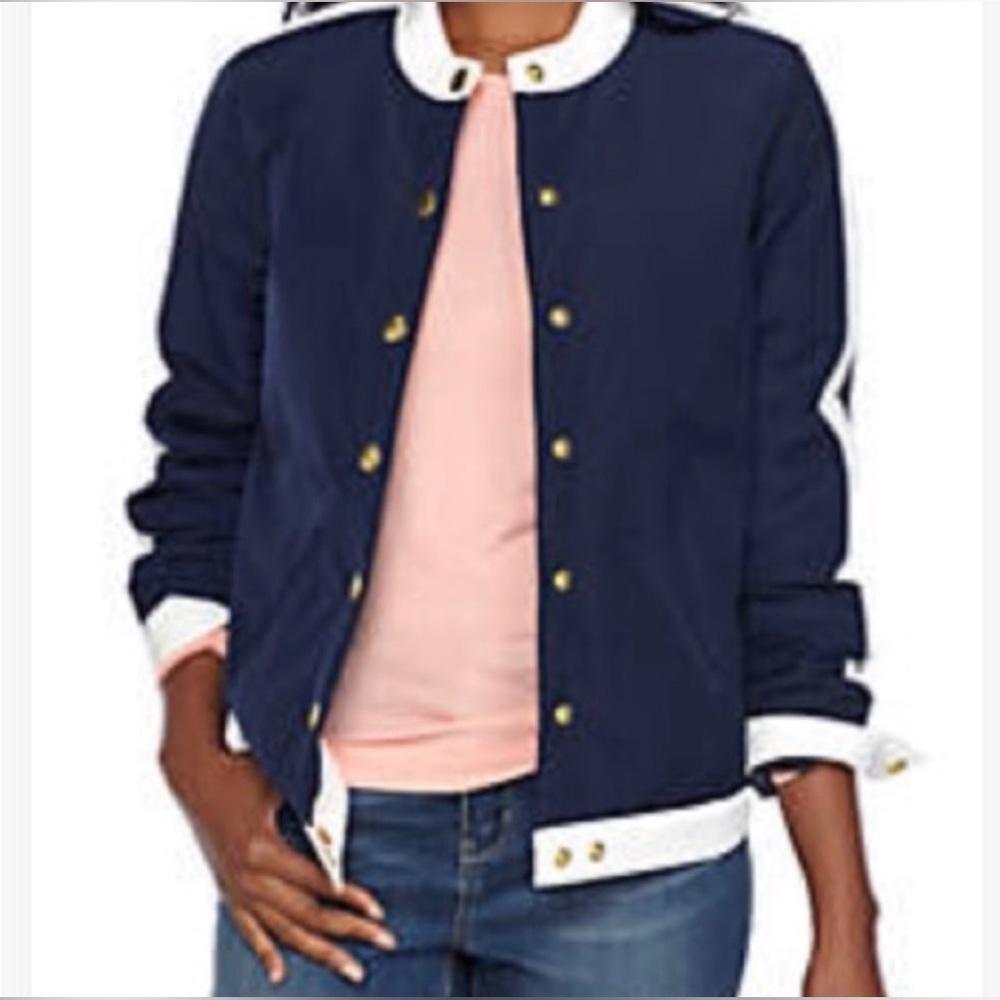 Crown & Ivy All Weather Navy Blue White Gold Snap Jacket Size XS